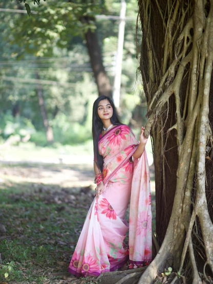 Blush Pink Floral Print Linen Saree with Magenta Border and Running Blouse Piece for Women, 6.3 Metres for Daily Wear