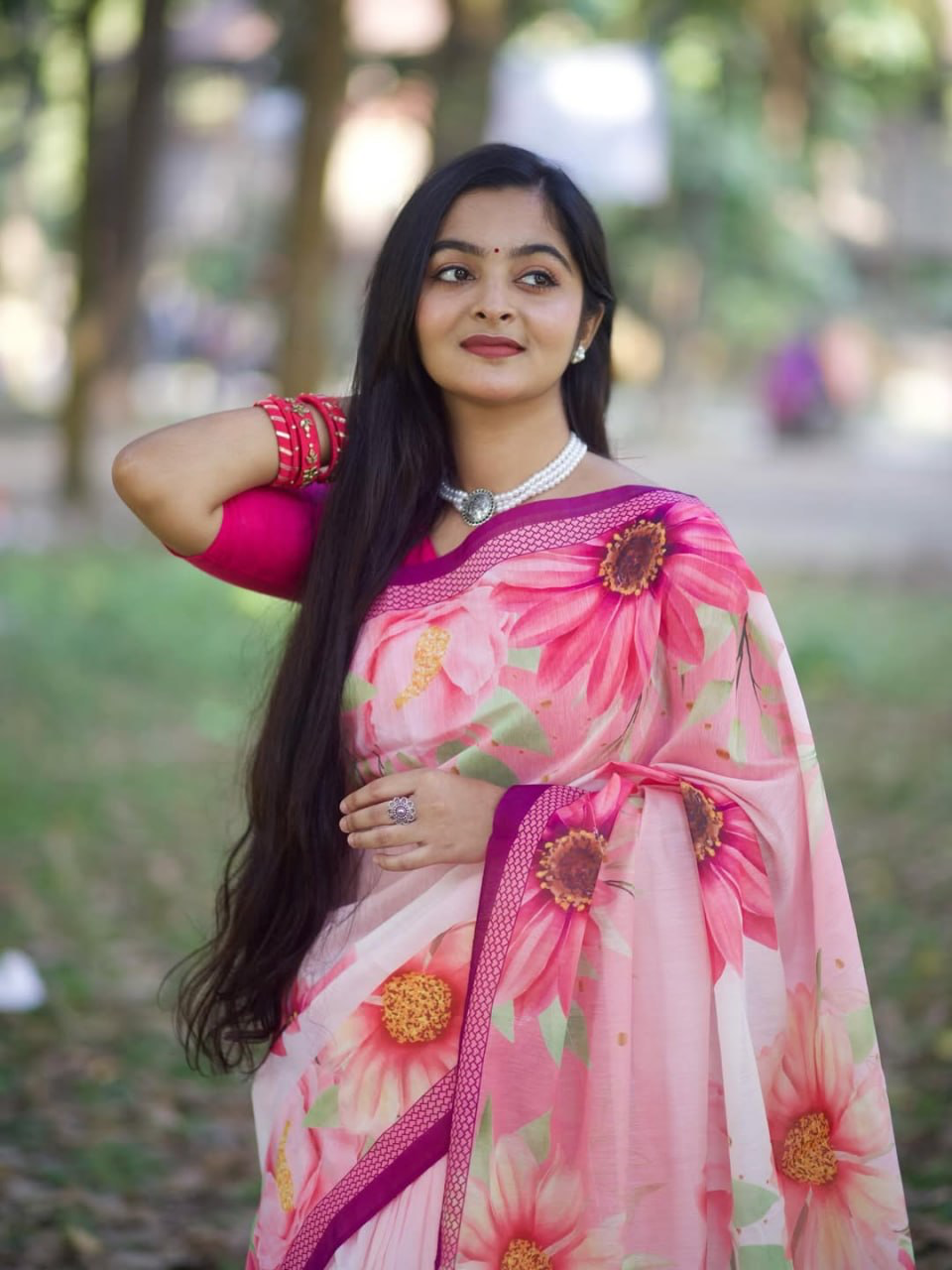 Blush Pink Floral Print Linen Saree with Magenta Border and Running Blouse Piece for Women, 6.3 Metres for Daily Wear