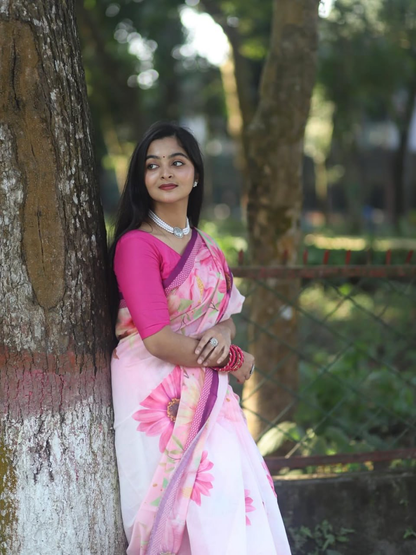 Blush Pink Floral Print Linen Saree with Magenta Border and Running Blouse Piece for Women, 6.3 Metres for Daily Wear