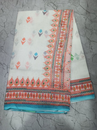 Ivory White Linen Saree with Coral Pink Printed Border & Turquoise Edging, Multicolour Motifs and Running Blouse