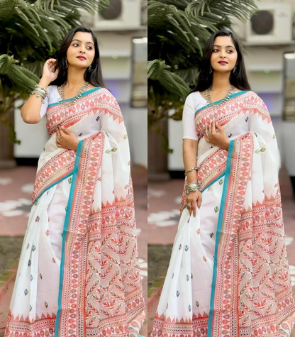 Ivory White Linen Saree with Coral Pink Printed Border & Turquoise Edging, Multicolour Motifs and Running Blouse