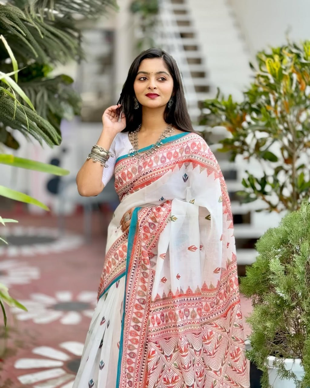 Ivory White Linen Saree with Coral Pink Printed Border & Turquoise Edging, Multicolour Motifs and Running Blouse