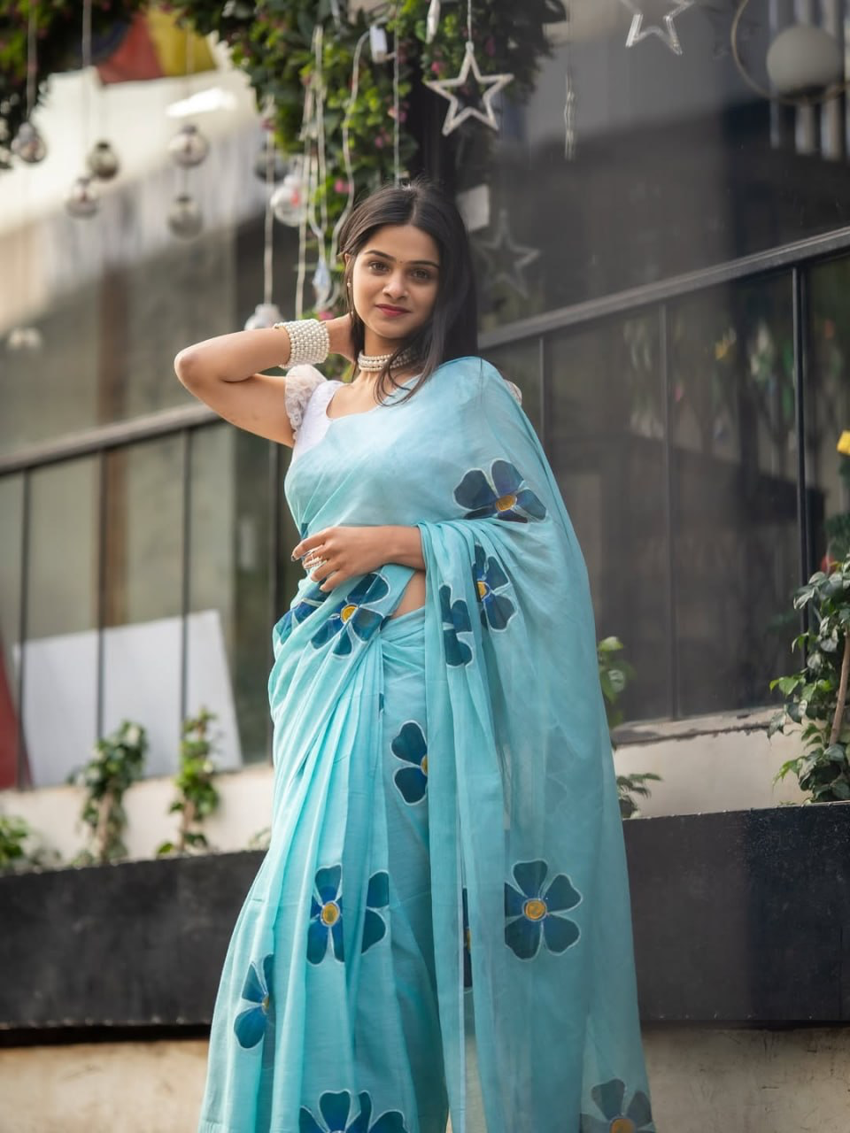 Aqua Blue Linen Saree with Dark Teal Floral Motifs and Running Blouse for Office Wear | 6.3 Metre Elegant Saree