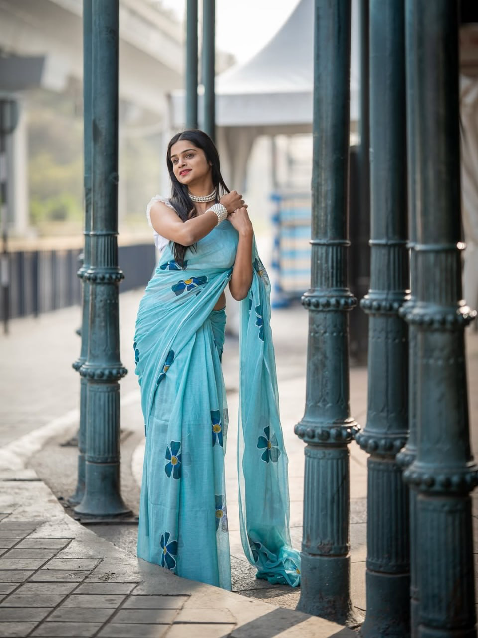 Aqua Blue Linen Saree with Dark Teal Floral Motifs and Running Blouse for Office Wear | 6.3 Metre Elegant Saree