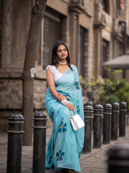 Aqua Blue Linen Saree with Dark Teal Floral Motifs and Running Blouse for Office Wear | 6.3 Metre Elegant Saree