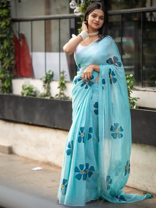 Aqua Blue Linen Saree with Dark Teal Floral Motifs and Running Blouse for Office Wear | 6.3 Metre Elegant Saree