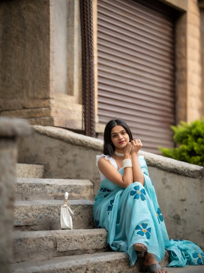 Aqua Blue Linen Saree with Dark Teal Floral Motifs and Running Blouse for Office Wear | 6.3 Metre Elegant Saree