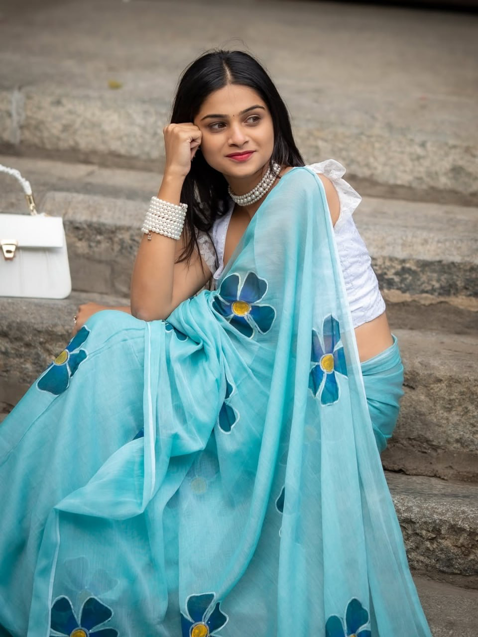 Aqua Blue Linen Saree with Dark Teal Floral Motifs and Running Blouse for Office Wear | 6.3 Metre Elegant Saree