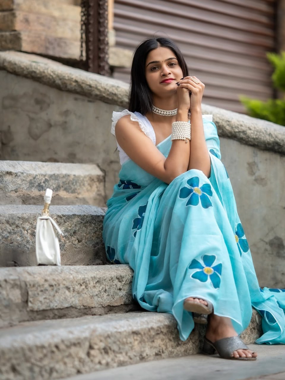 Aqua Blue Linen Saree with Dark Teal Floral Motifs and Running Blouse for Office Wear | 6.3 Metre Elegant Saree