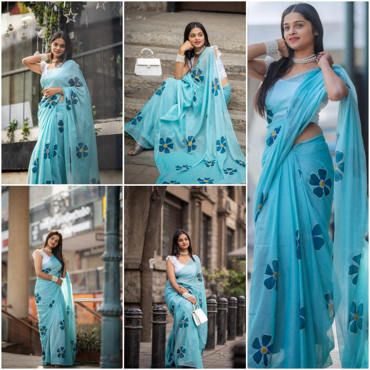 Aqua Blue Linen Saree with Dark Teal Floral Motifs and Running Blouse for Office Wear | 6.3 Metre Elegant Saree