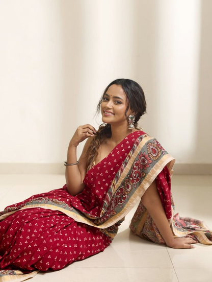 Red Linen Saree with Small Floral Motifs and Beige Paisley Border, Traditional Daily Wear Saree with Running Blouse