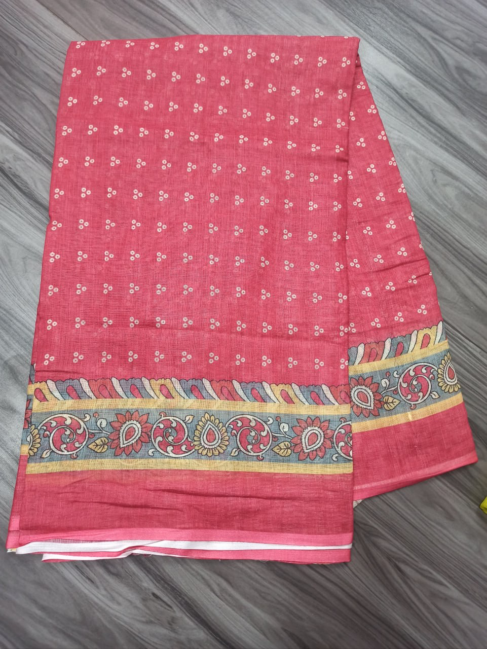 Red Linen Saree with Small Floral Motifs and Beige Paisley Border, Traditional Daily Wear Saree with Running Blouse