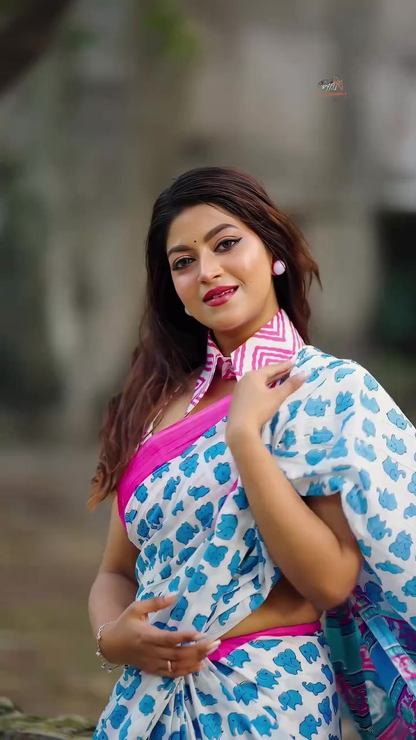 White and Turquoise Blue Linen Saree with Elephant Motifs, Pink Border and Running Blouse for Everyday Elegance