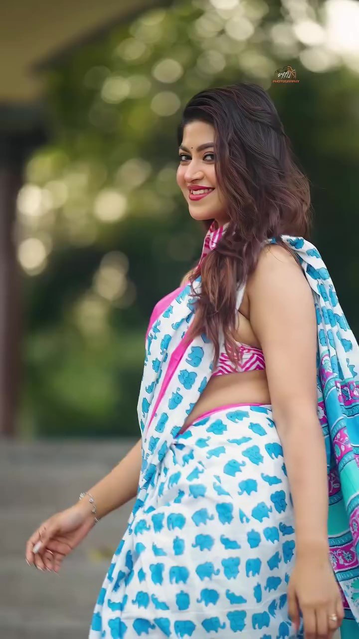 White and Turquoise Blue Linen Saree with Elephant Motifs, Pink Border and Running Blouse for Everyday Elegance