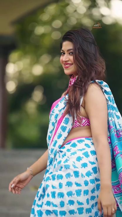 White and Turquoise Blue Linen Saree with Elephant Motifs, Pink Border and Running Blouse for Everyday Elegance