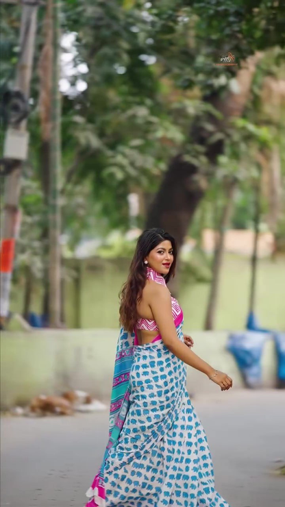 White and Turquoise Blue Linen Saree with Elephant Motifs, Pink Border and Running Blouse for Everyday Elegance