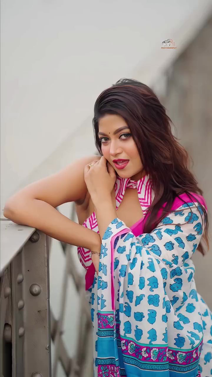 White and Turquoise Blue Linen Saree with Elephant Motifs, Pink Border and Running Blouse for Everyday Elegance