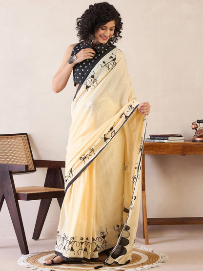 Cream Linen Saree with Black Warli-Inspired Print and Contrast Border, 6.3 Metres with Running Blouse for Office Wear