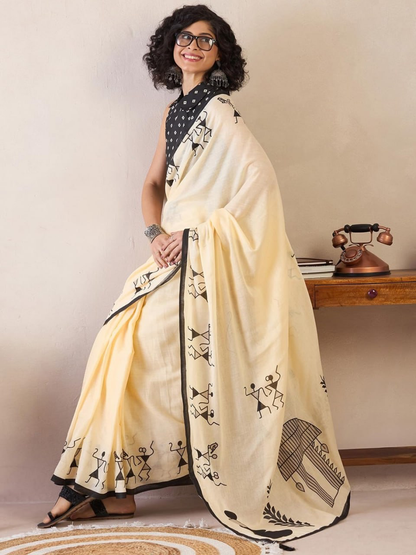Cream Linen Saree with Black Warli-Inspired Print and Contrast Border, 6.3 Metres with Running Blouse for Office Wear