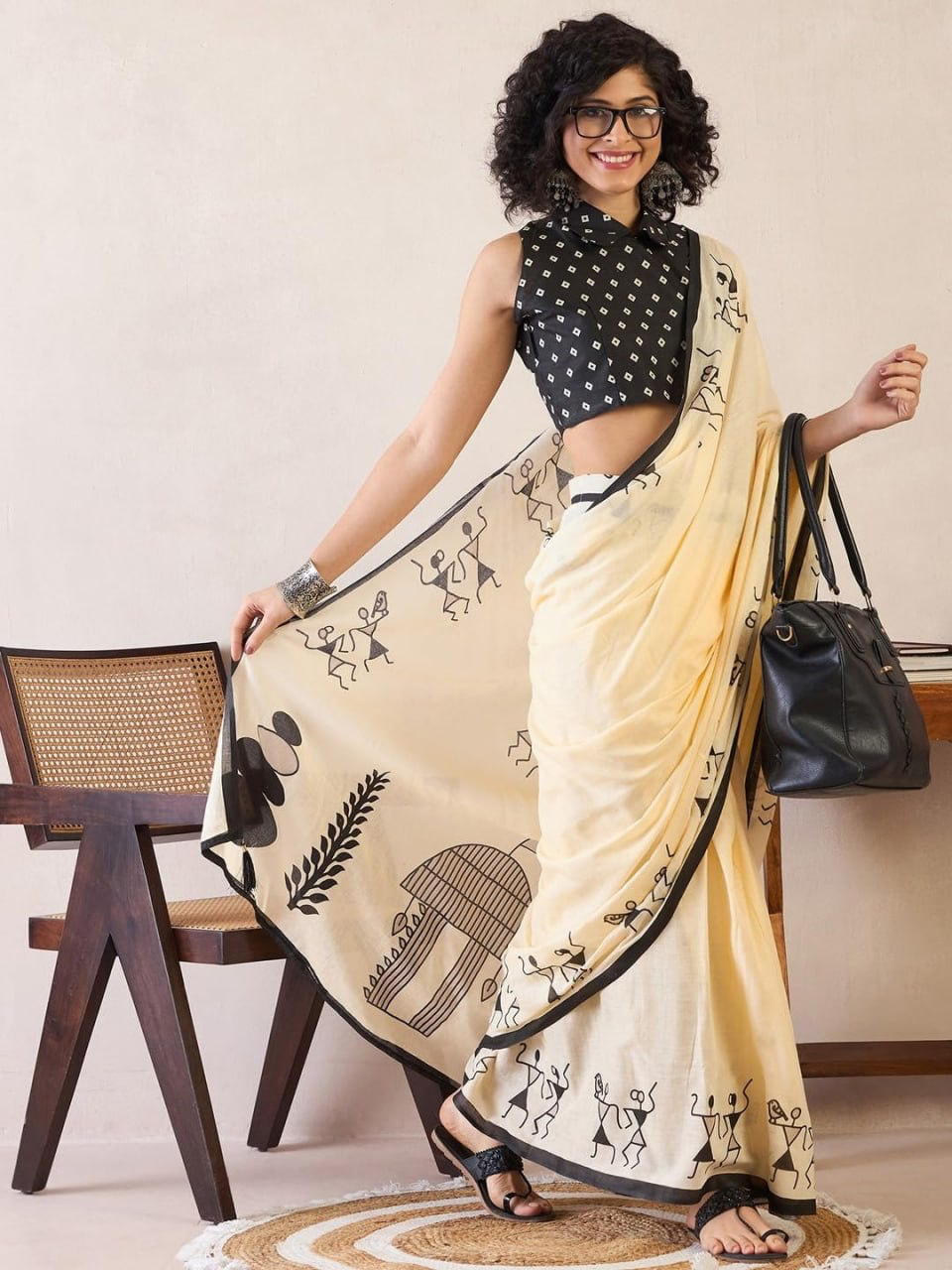 Cream Linen Saree with Black Warli-Inspired Print and Contrast Border, 6.3 Metres with Running Blouse for Office Wear