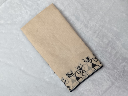 Cream Linen Saree with Black Warli-Inspired Print and Contrast Border, 6.3 Metres with Running Blouse for Office Wear