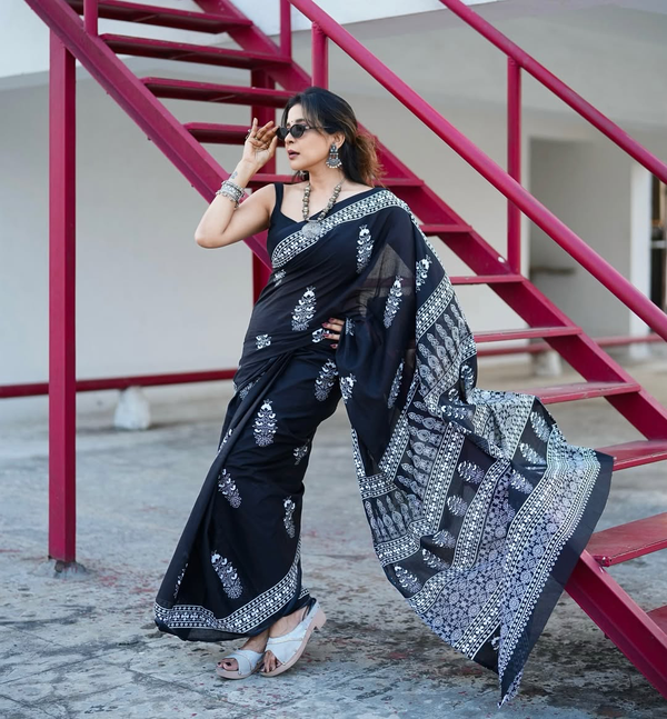 Black Linen Saree with White Floral Motifs, Geometric Border and Statement Pallu for Office Wear with Running Blouse