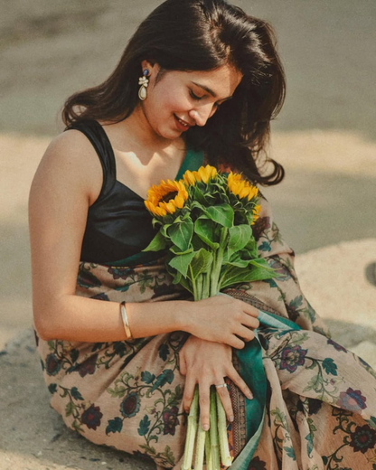 Beige Floral Printed Linen Saree with Teal Green Contrast Border and Running Blouse, 6.3 Metre Soft Lightweight Drape for Women