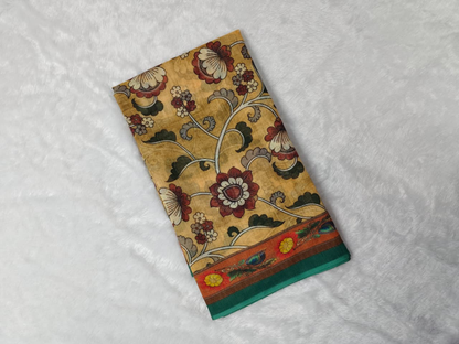 Beige Floral Printed Linen Saree with Teal Green Contrast Border and Running Blouse, 6.3 Metre Soft Lightweight Drape for Women