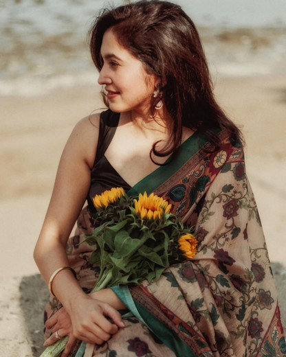 Beige Floral Printed Linen Saree with Teal Green Contrast Border and Running Blouse, 6.3 Metre Soft Lightweight Drape for Women