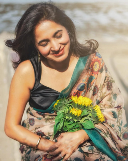 Beige Floral Printed Linen Saree with Teal Green Contrast Border and Running Blouse, 6.3 Metre Soft Lightweight Drape for Women