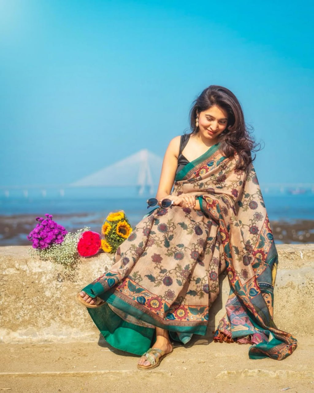 Beige Floral Printed Linen Saree with Teal Green Contrast Border and Running Blouse, 6.3 Metre Soft Lightweight Drape for Women