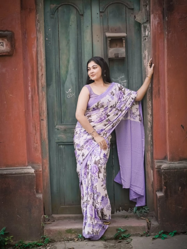 Lavender Floral Print Linen Saree with Purple Border and Running Blouse Piece, 6.3 Metres for Elegant Office Wear