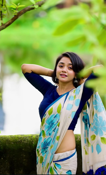 Light Grey Linen Saree with Blue Floral Print, Green Leaves and Navy Border, 6.3 Metres with Running Blouse for Daily Wear