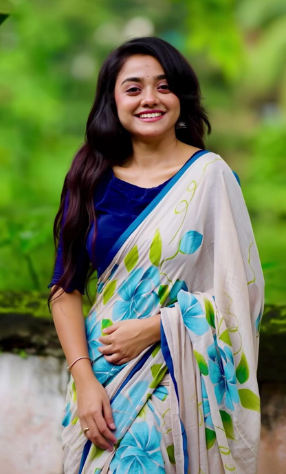 Light Grey Linen Saree with Blue Floral Print, Green Leaves and Navy Border, 6.3 Metres with Running Blouse for Daily Wear