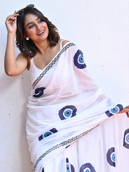 White Linen Saree with Blue Evil Eye Motifs, Geometric Border and Chevron Pallu with Running Blouse for Office Wear