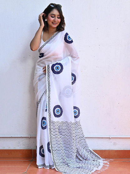 White Linen Saree with Blue Evil Eye Motifs, Geometric Border and Chevron Pallu with Running Blouse for Office Wear