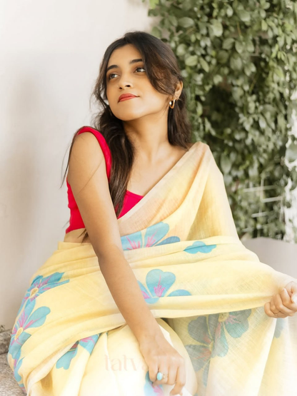 Pale Yellow Linen Saree with Blue and Pink Floral Print, Statement Pallu and Running Blouse for Daily Wear