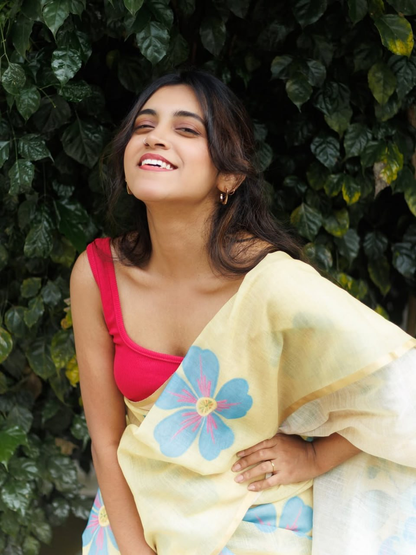 Pale Yellow Linen Saree with Blue and Pink Floral Print, Statement Pallu and Running Blouse for Daily Wear