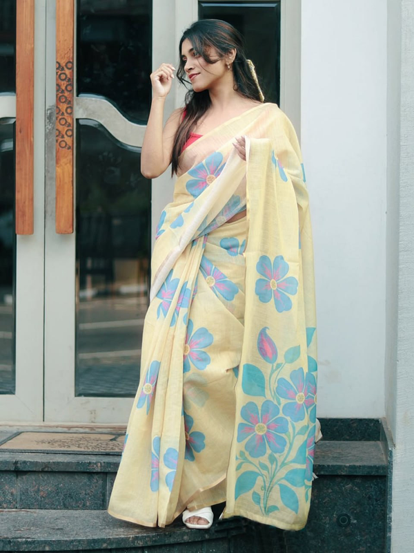 Pale Yellow Linen Saree with Blue and Pink Floral Print, Statement Pallu and Running Blouse for Daily Wear