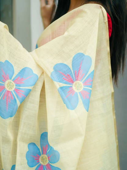 Pale Yellow Linen Saree with Blue and Pink Floral Print, Statement Pallu and Running Blouse for Daily Wear