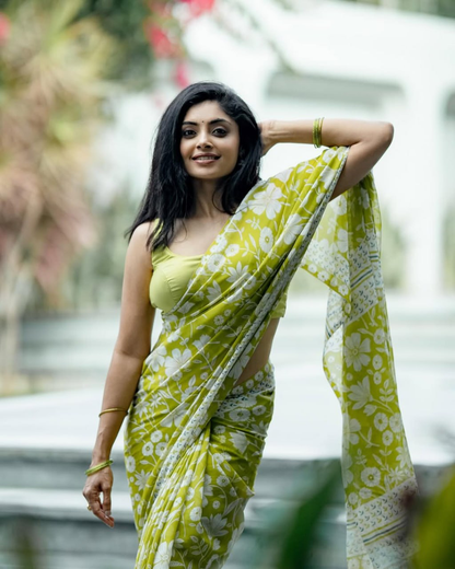 Lime Green Linen Saree with White Floral Print and Decorative Border, 6.3 Metres with Running Blouse for Daily Wear