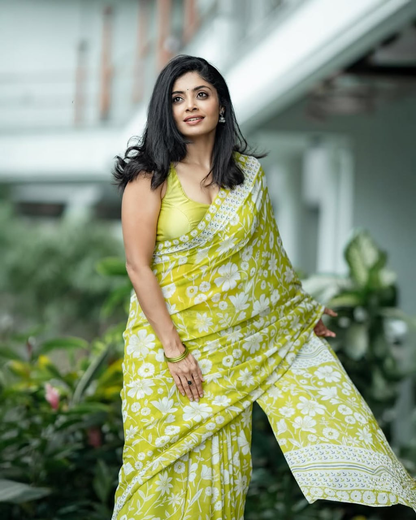 Lime Green Linen Saree with White Floral Print and Decorative Border, 6.3 Metres with Running Blouse for Daily Wear