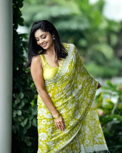 Lime Green Linen Saree with White Floral Print and Decorative Border, 6.3 Metres with Running Blouse for Daily Wear