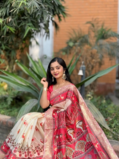 Cream and Red Linen Saree with Peacock Motifs, Floral Border and Paisley Pallu, 6.3 m with Running Blouse for Festive Wear