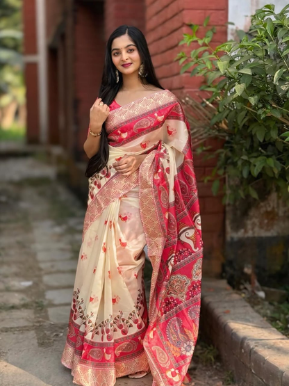 Cream and Red Linen Saree with Peacock Motifs, Floral Border and Paisley Pallu, 6.3 m with Running Blouse for Festive Wear