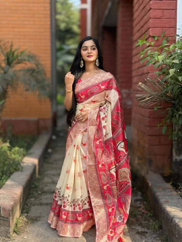 Cream and Red Linen Saree with Peacock Motifs, Floral Border and Paisley Pallu, 6.3 m with Running Blouse for Festive Wear