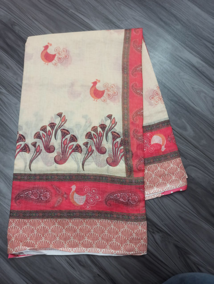 Cream and Red Linen Saree with Peacock Motifs, Floral Border and Paisley Pallu, 6.3 m with Running Blouse for Festive Wear