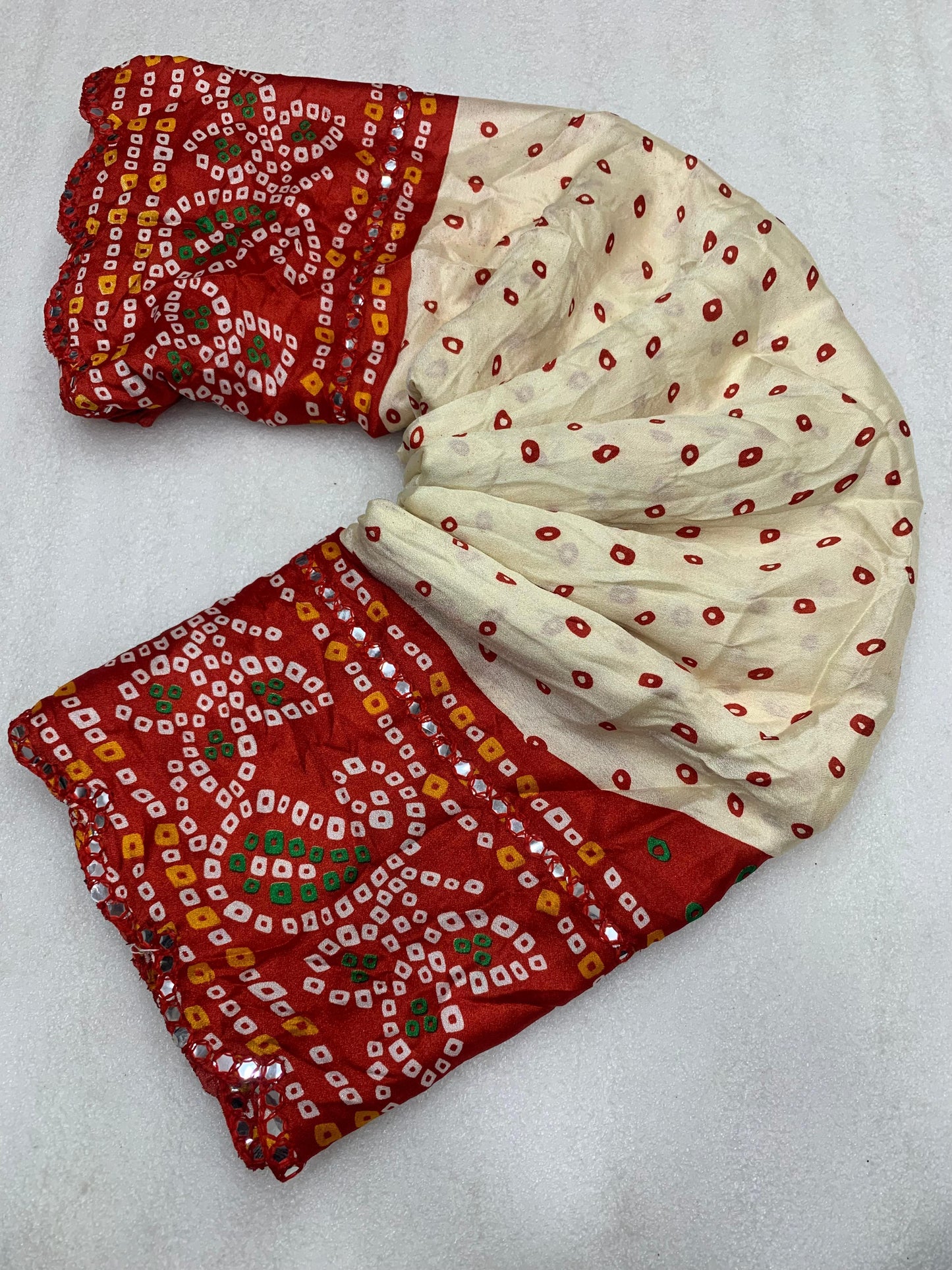 Beautiful Soft Moss Crush Bandhani Printed Sarees with Foil Mirror Work