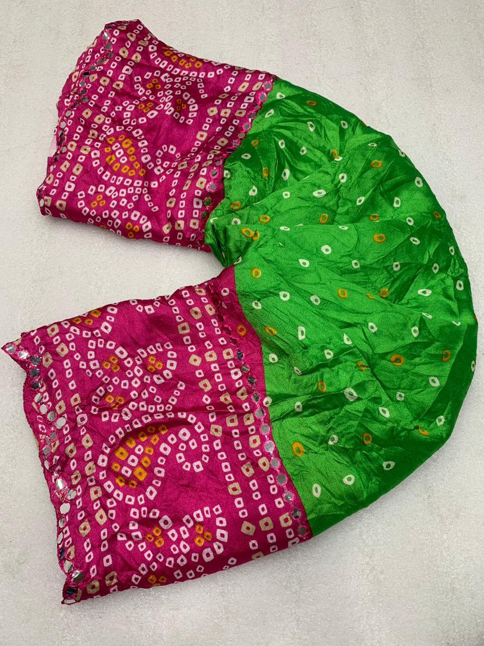 Beautiful Soft Moss Crush Bandhani Printed Sarees with Foil Mirror Work