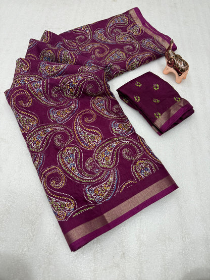 Heavy mul base cotton silk saree with beautiful kalamkari printed and golden zari patti border